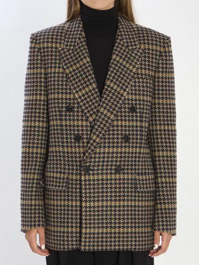 Saint Laurent Brown Double-breasted Jacket With Notched Revers And All-over Check Motif In Wool Woman