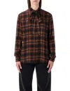 Saint Laurent Plaid Shirt Featuring Bow Detail And Pockets In Brown