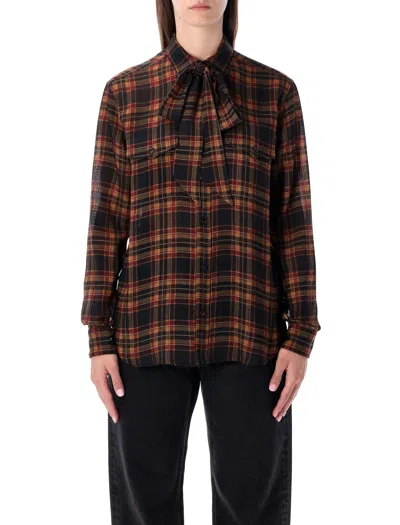 Saint Laurent Checked Wool Shirt With Lavallière Bow In Multi