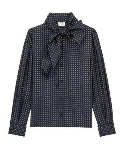 Saint Laurent Checkered Mulberry Silk Crepe Satin Shirt With Floral Knot In Multi