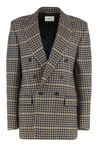 Saint Laurent Brown Double-breasted Jacket With Notched Revers And All-over Check Motif In Wool Woman