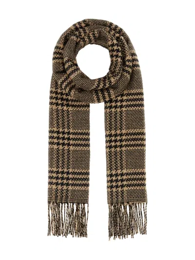 Saint Laurent Checkered Silk Blend Scarf With Fringe Trim In Brown