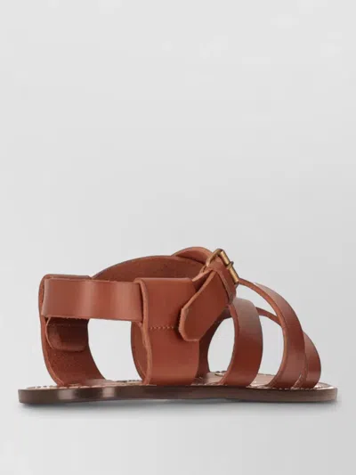 Saint Laurent Cheever Flat Leather Strappy Open Toe Sandals In Brown