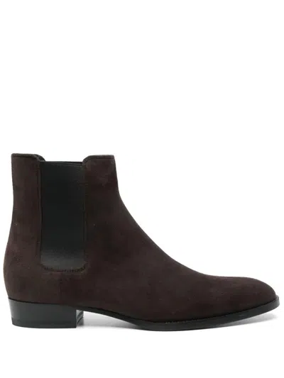 Saint Laurent "chelsea Wyatt" Suede Ankle Boots In Brown