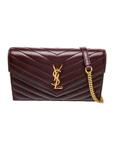 Pre-owned Saint Laurent Chevron Cassandre Envelope Chain Wallet Mini In Burgundy