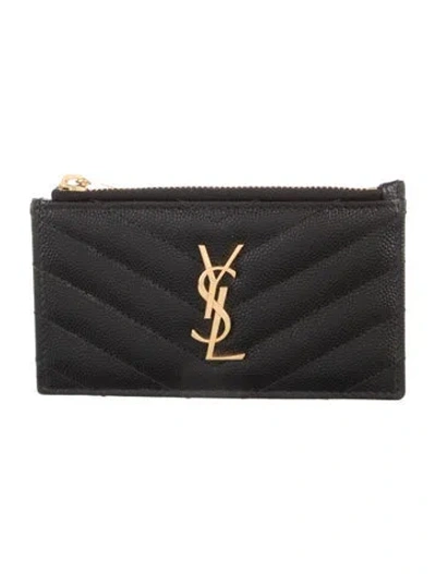 Pre-owned Saint Laurent Chevron Leather Card Holder In Black