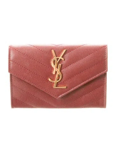 Pre-owned Saint Laurent Chevron Leather Compact Wallet In Burgundy