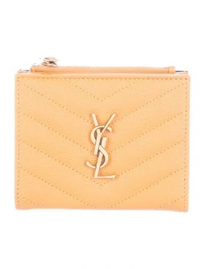 Pre-owned Saint Laurent Chevron Leather Compact Wallet W/ Tags In Neutrals