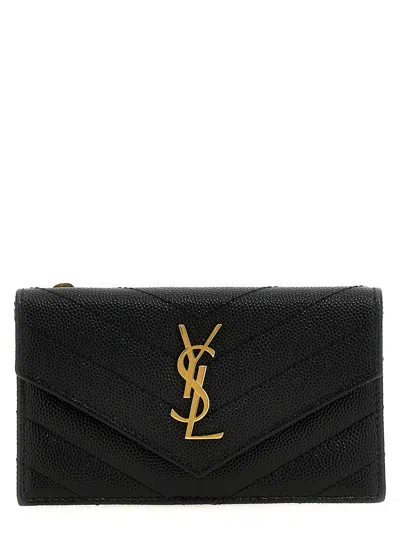 Saint Laurent Chevron Quilted Grained Leather Card Case In Black