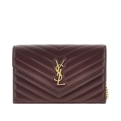 Saint Laurent Chevron-quilted Leather Pouch With Chain In Burgundy