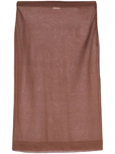 Saint Laurent Paris Women Sheer Silk Knitted Pencil Skirt In Brown