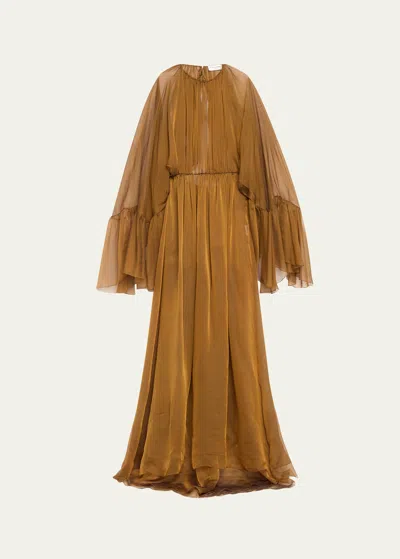Saint Laurent Chiffon Flowy Gown With Ruffle Sleeves In Brown