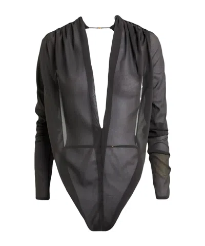 Saint Laurent Chiffon Long-sleeve Bodysuit In Black
