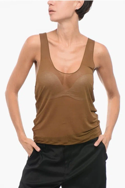 Saint Laurent Chiffon Tank Top With Deep Neckline In Brown