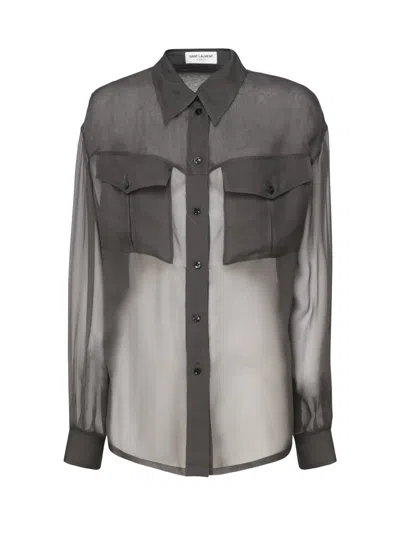Saint Laurent Chiffon Transparent Shirt In Green