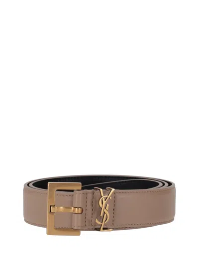 Saint Laurent Elegant Black Leather Belt For Women In Beige