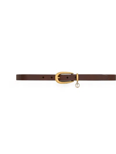 Saint Laurent Cintura Sottile Cassandre In Pelle Con Fibbia Allungata E Charm In Marrone
