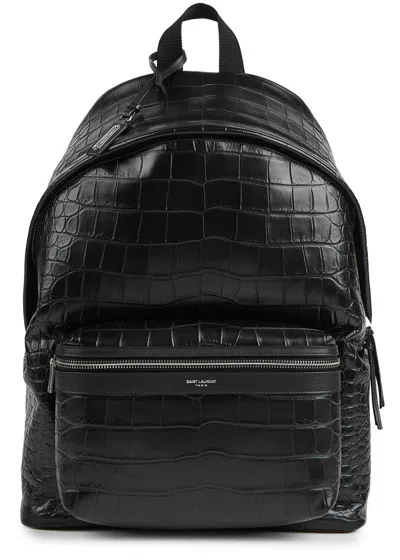 Saint Laurent City Crocodile-effect Leather Backpack In Neutral