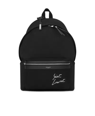 Saint Laurent City Logo-embroidered Cotton Backpack In Black