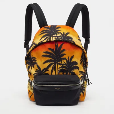 Pre-owned Saint Laurent City Orange Palm Tree Sunset Print Canvas Backpack