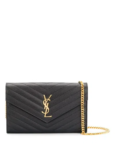 Saint Laurent Paris Women Classic Cassandre Chain Wallet In Grain De Poudre Leather In Black