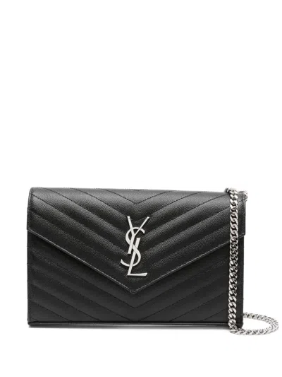 Saint Laurent Classic Cassandre Chain Wallet In Grain De Poudre Leather In Black
