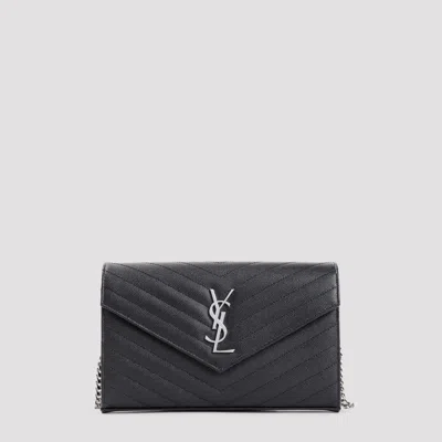 Saint Laurent Classic Cassandre Chain Wallet In Grain De Poudre Leather In Black