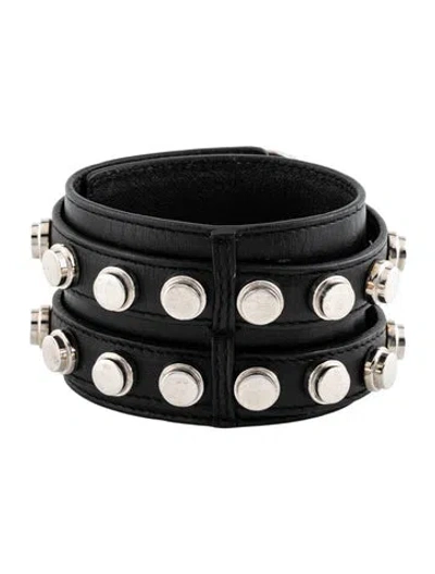 Pre-owned Saint Laurent Classic De Force Leather Wrap Bracelet, 9.25" In Black