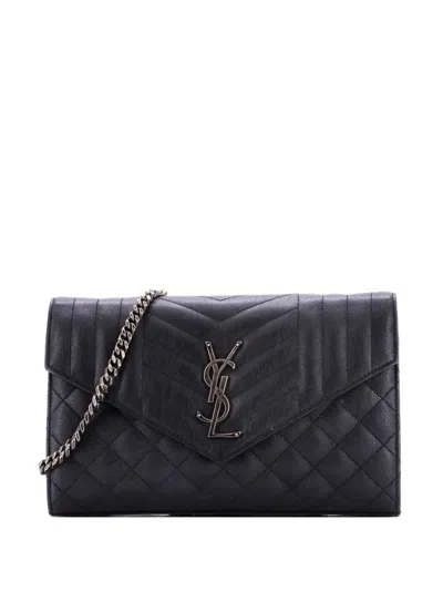 Pre-owned Saint Laurent Classic Monogram Chain Wallet Mixed Matelasse Leather Medium Crossbody Bag In Black