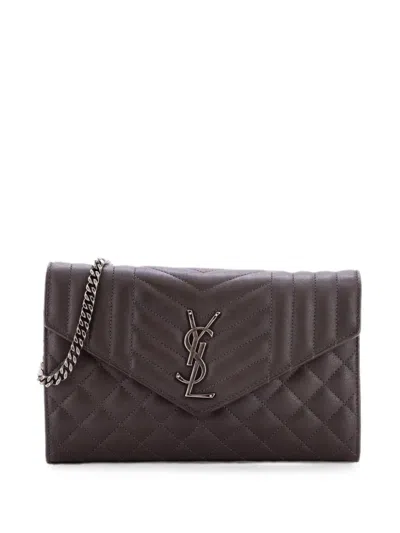 Pre-owned Saint Laurent Classic Monogram Chain Wallet Mixed Matelasse Leather Medium Crossbody Bag In Brown