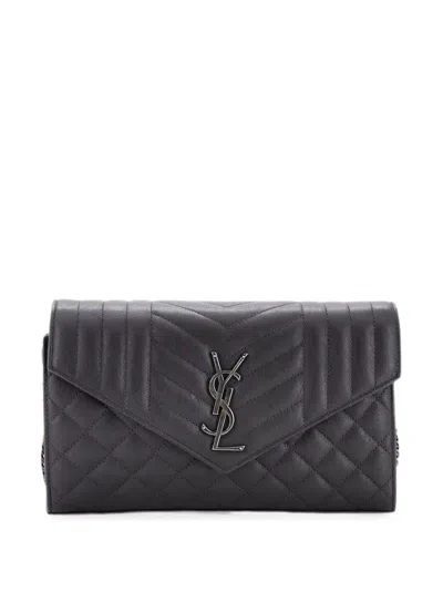 Pre-owned Saint Laurent Classic Monogram Chain Wallet Mixed Matelasse Leather Medium Crossbody Bag In Grey