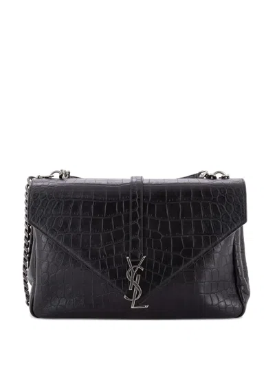 Pre-owned Saint Laurent Classic Monogram College Bag Crocodile Embossed Leather Large Satchel In Black