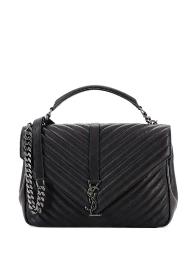 Pre-owned Saint Laurent Classic Monogram College Bag Matelasse Chevron Leather Large Shoulder Bag In Black