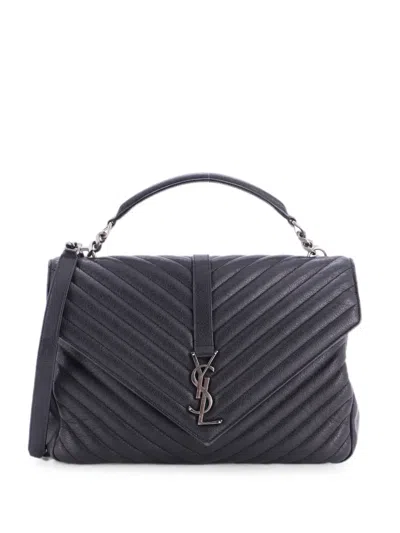 Pre-owned Saint Laurent Classic Monogram College Bag Matelasse Chevron Leather Large Shoulder Bag In Black