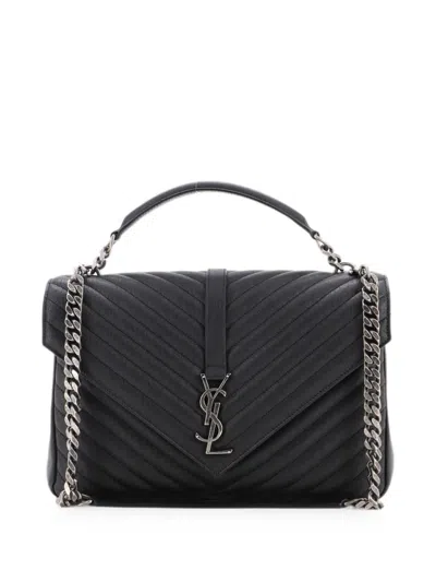 Pre-owned Saint Laurent Classic Monogram College Bag Matelasse Chevron Leather Large Shoulder Bag In Black