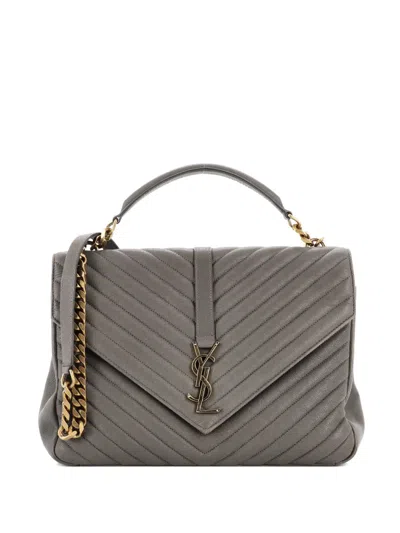 Pre-owned Saint Laurent Classic Monogram College Bag Matelasse Chevron Leather Large Shoulder Bag In Gray