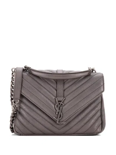 Pre-owned Saint Laurent Classic Monogram College Bag Matelasse Chevron Leather Medium Crossbody Bag In Gray