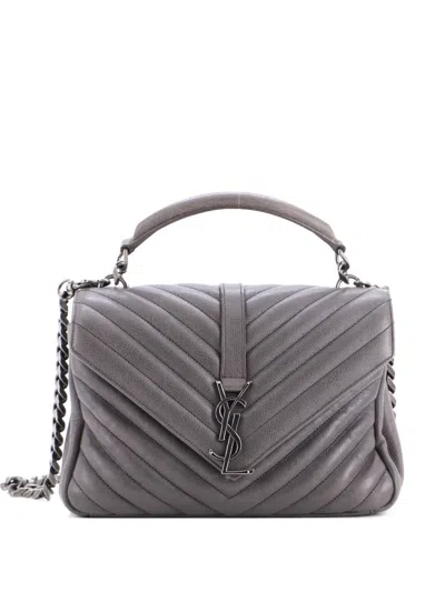 Pre-owned Saint Laurent Classic Monogram College Bag Matelasse Chevron Leather Medium Crossbody Bag In Gray