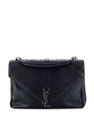 Pre-owned Saint Laurent Classic Monogram College Bag Python Embossed Leather Large Satchel In Black