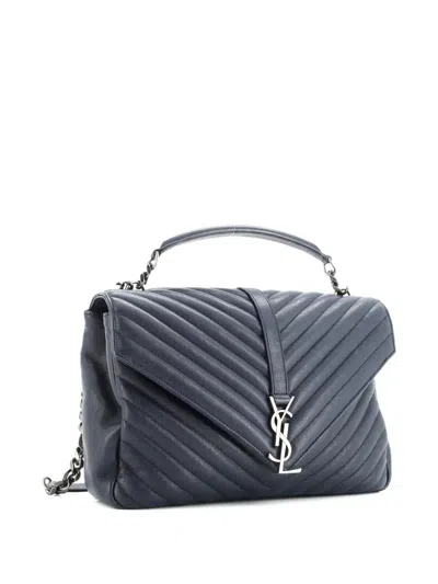 Pre-owned Saint Laurent Classic Monogram College Bag Quilted Leather Large Shoulder Bag In Blue