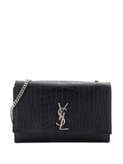 Pre-owned Saint Laurent Classic Monogram Crocodile Embossed Leather Large Crossbody Bag In Black