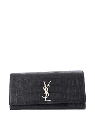 Pre-owned Saint Laurent Classic Monogram Crocodile Embossed Leather Long Clutch Bag In Black