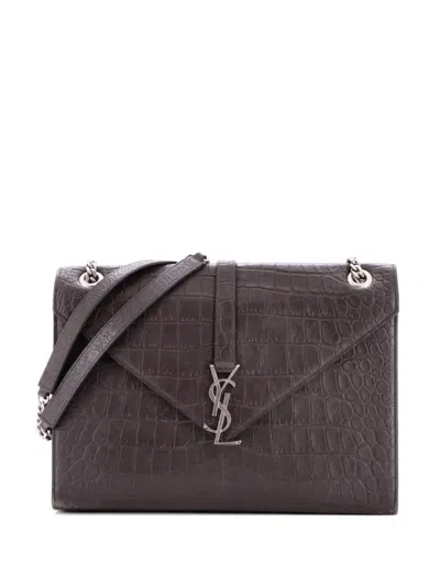 Pre-owned Saint Laurent Classic Monogram Envelope Satchel Crocodile Embossed Leather Large Crossbody Bag In Brown