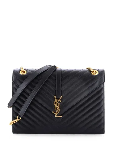 Pre-owned Saint Laurent Classic Monogram Envelope Satchel Matelasse Chevron Leather Large Shoulder Bag In Black