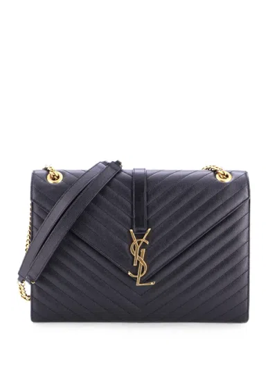 Pre-owned Saint Laurent Classic Monogram Envelope Satchel Matelasse Chevron Leather Large Shoulder Bag In Black