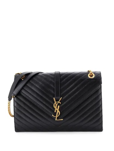 Pre-owned Saint Laurent Classic Monogram Envelope Satchel Matelasse Chevron Leather Large Shoulder Bag In Black