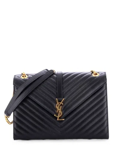 Pre-owned Saint Laurent Classic Monogram Envelope Satchel Matelasse Chevron Leather Large Shoulder Bag In Black