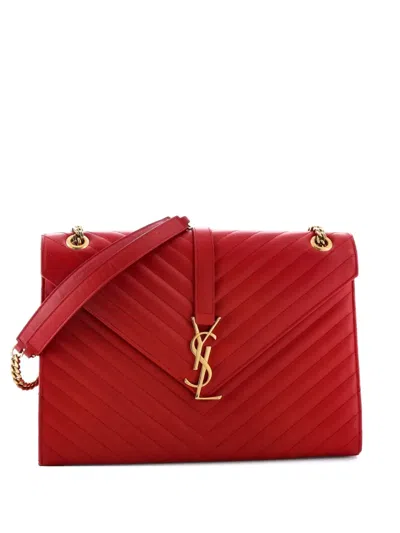 Pre-owned Saint Laurent Classic Monogram Envelope Satchel Matelasse Chevron Leather Large Shoulder Bag In Red
