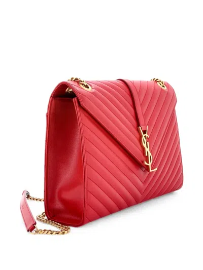 Pre-owned Saint Laurent Classic Monogram Envelope Satchel Matelasse Chevron Leather Large Shoulder Bag In Red
