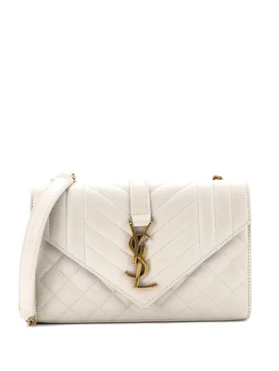 Pre-owned Saint Laurent Classic Monogram Envelope Satchel Matelasse Chevron Leather Small Shoulder Bag In White